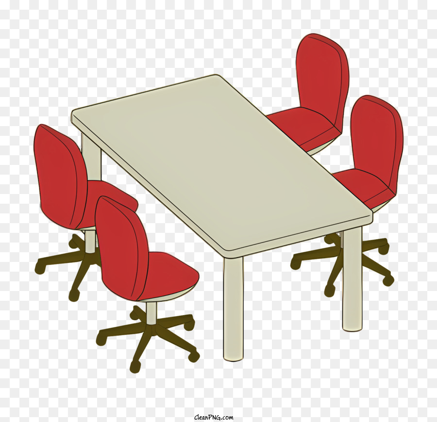 icon rechteckiger Tisch rote Stühle Holzmöbel Weißer Tischoberfläche - Rechteckiger Holztisch mit roten Stühlen, gut beleuchtetem Raum