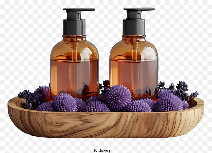 Bottiglie di sapone Lavender Shampoo profumato shampoo eau d'abit eau de colonia ciotola di legno - Bottiglie di shampoo lavanda in elegante esposizione con fiori