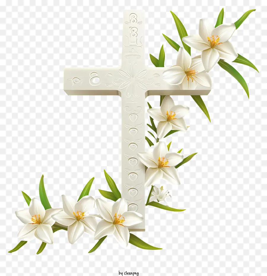 Happy Pasqua Cross Cross White Lilies Black Sfondo Simmetrico Simmetrico - Disposizione simmetrica di gigli bianchi sulla croce