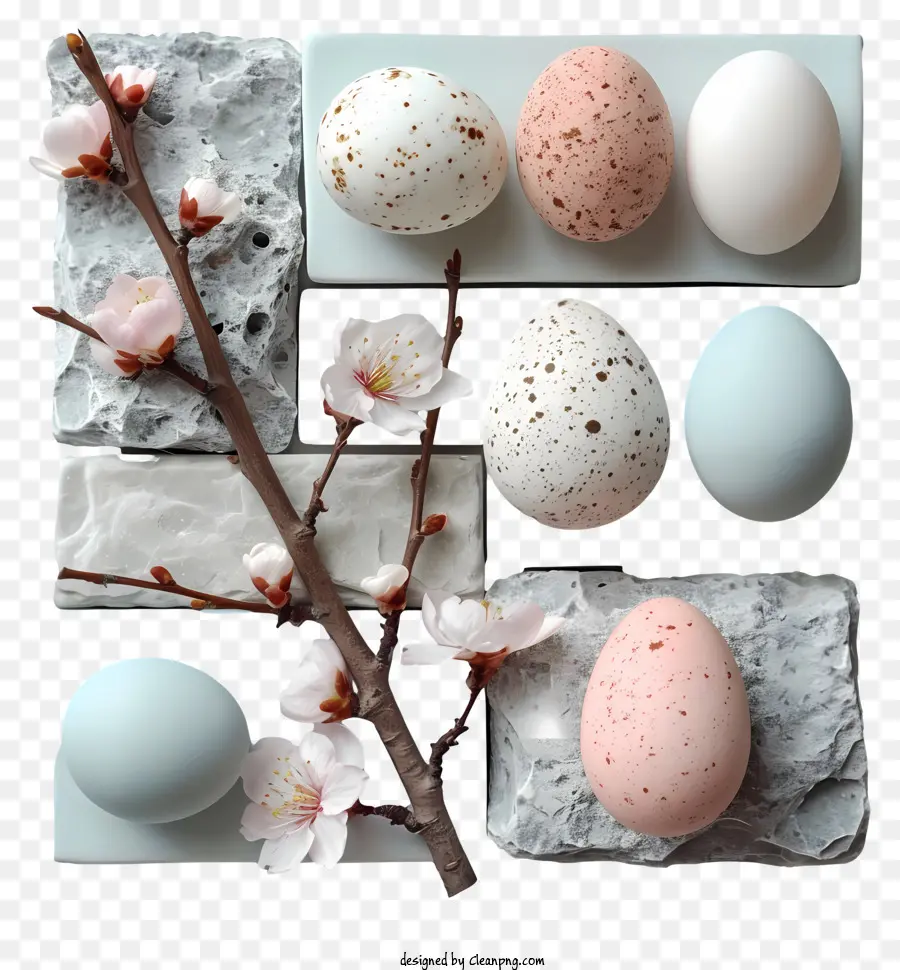 Ostereier Ostern Eier gefärbte Eier Frühlingsdekorationen Kirschblüten - Verschiedene bunte Eier mit blühenden Kirschblüten