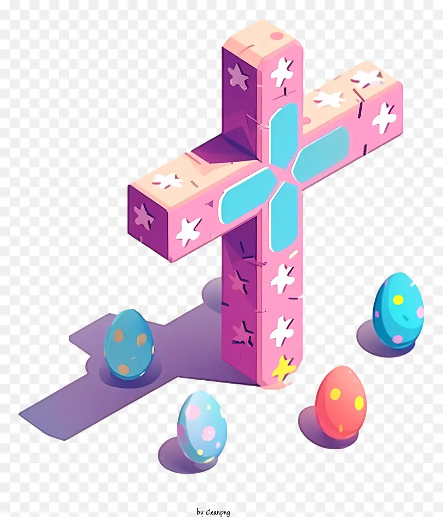 Frohe Osterkreuz Osterkreuz Colored Eier rosa Kreuz - Bunte Eier umgeben zerbrochenes rosa Kreuz