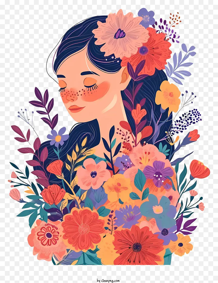 flache Frau und Blumen Frau Blumen minimalistischer Stil helle Farben - Wunderliches Bild der von Blumen umgebenen Frau
