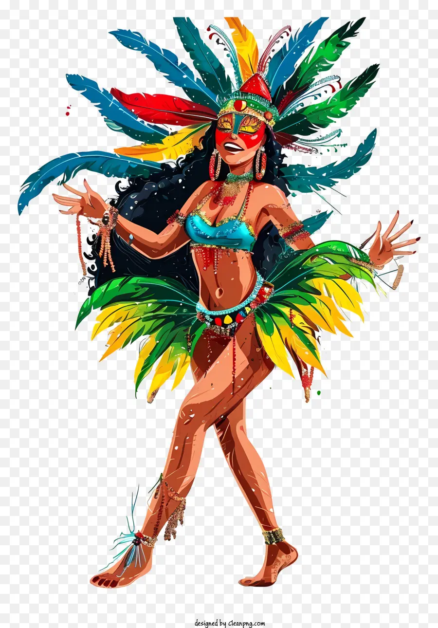Handgezogene brasilianische Samba -Tänzerinnen weibliche Tänzerin Bunte Kostümfedern rote Gesichtsfarbe - Bunte weibliche Tänzerin mit Federn, Gesichtsfarbe