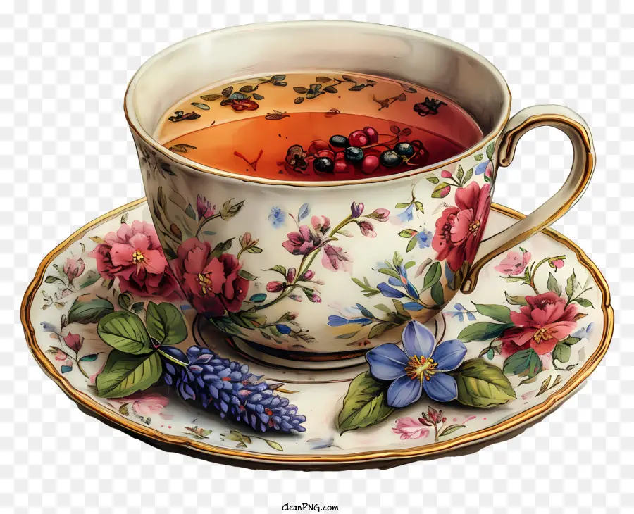 Tee Tasse Vintage Tasse Teekannen Dekoration verzierte Konstruktionen - Vintage -Tee -Set mit verzierten Designs und Früchten