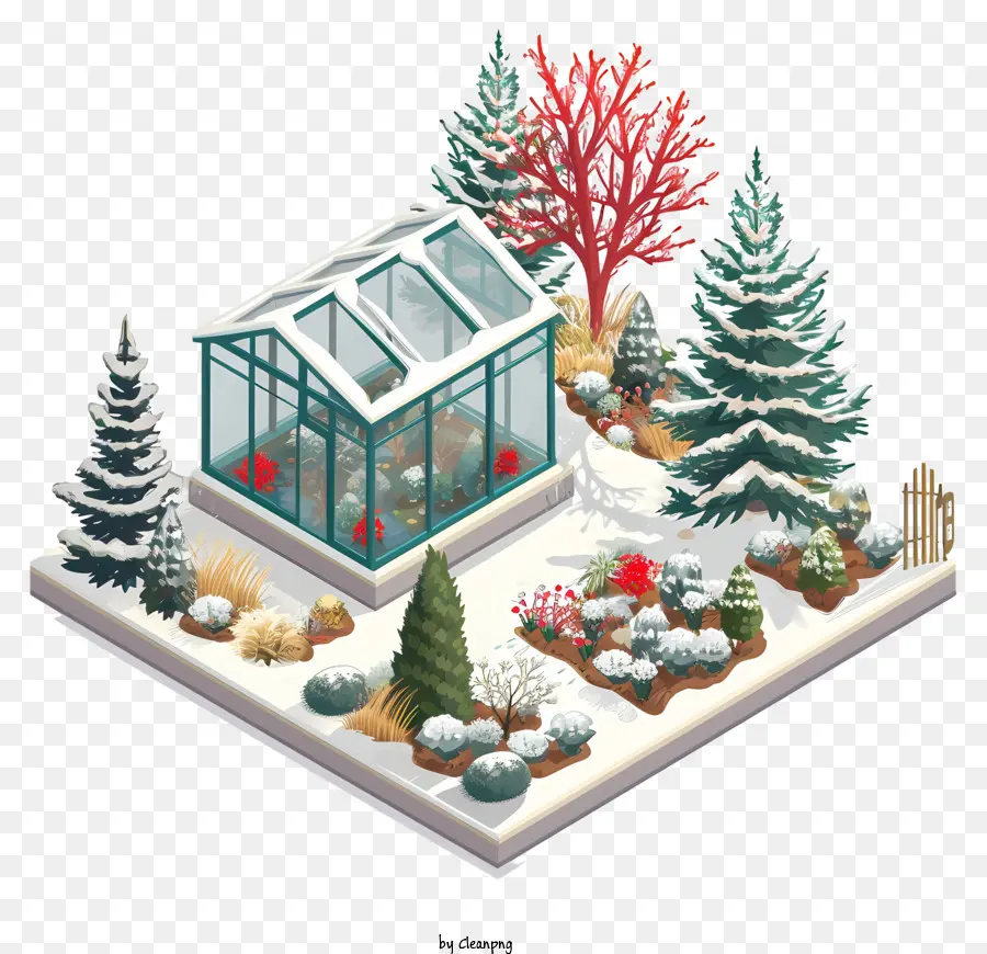 Pinien - Schneegarten mit Gewächshaus, Kiefern und Schneefall
