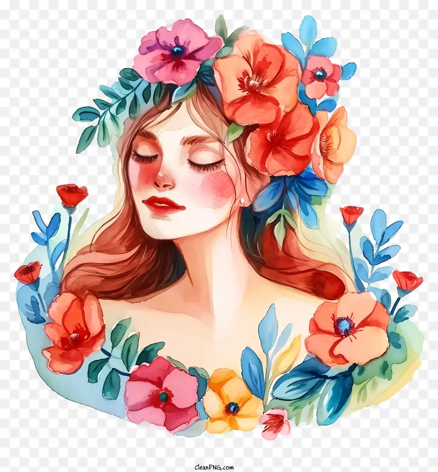 Blumen Kranz - Schlafende Frau mit roten Haaren trägt Blumenkrone