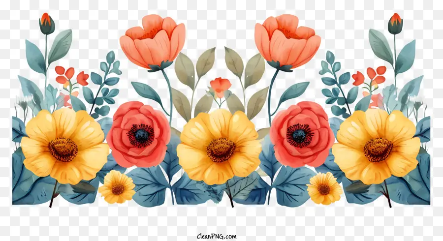 acquerello fiore confine - Immagine floreale simmetrica con vari fiori arancioni