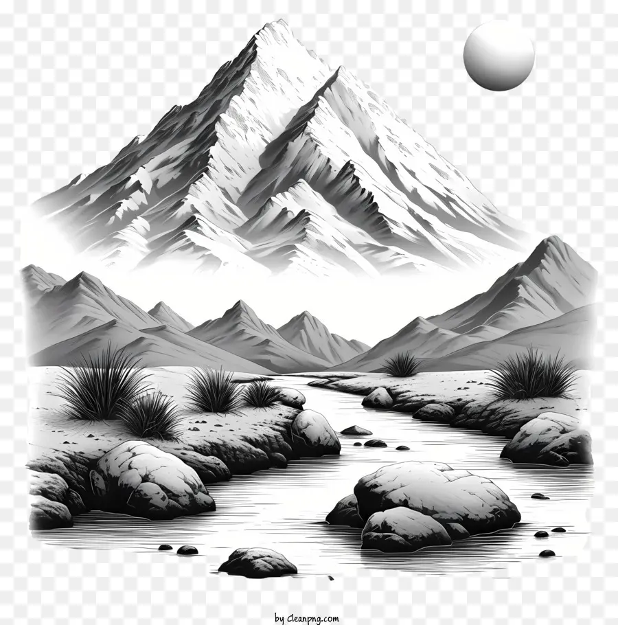 Montagne Mountain Landscape River Montagne coperte di neve Formazioni rocciose - Paesaggio in montagna in bianco e nero con fiume