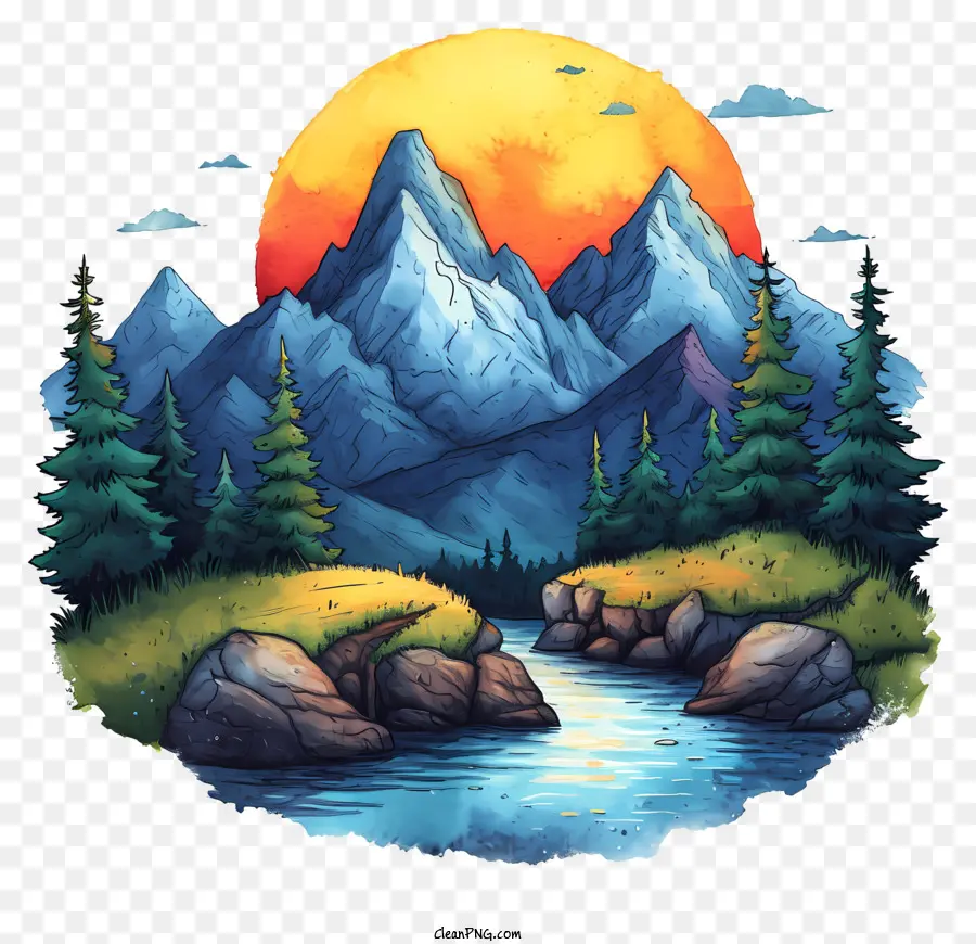 Acquerello intrecciato dipinto di pittura di montagna paesaggio sereno paesaggio fiume - Vibrante pittura ad acquerello di sereno paesaggio di montagna