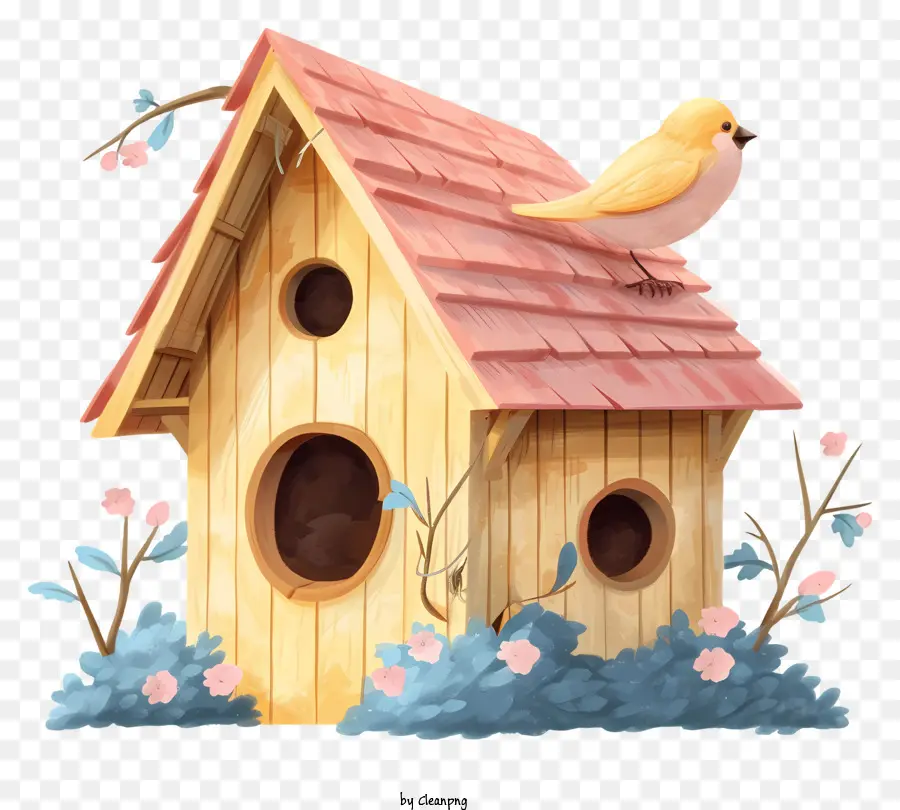 Pastellvogelhaus Vogelhaus Vogel Holz Vogelhaus süßes Vogelhaus - Vogel sitzend auf charmantem Vogelhaus im blühenden Garten