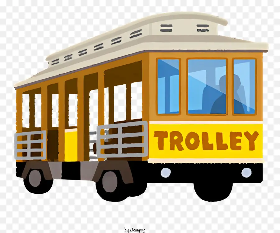 Bus gelbe Straßenbahnwagen -Cartoon -Illustration weißer Streifen gelb und weiß gestreiftes Dach - Hellgelber Straßenbahnauto mit weißem Streifen