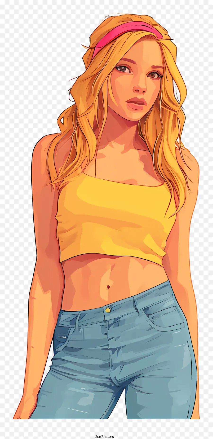 doodle style pose it 2d illustration woman yellow top blue jeans