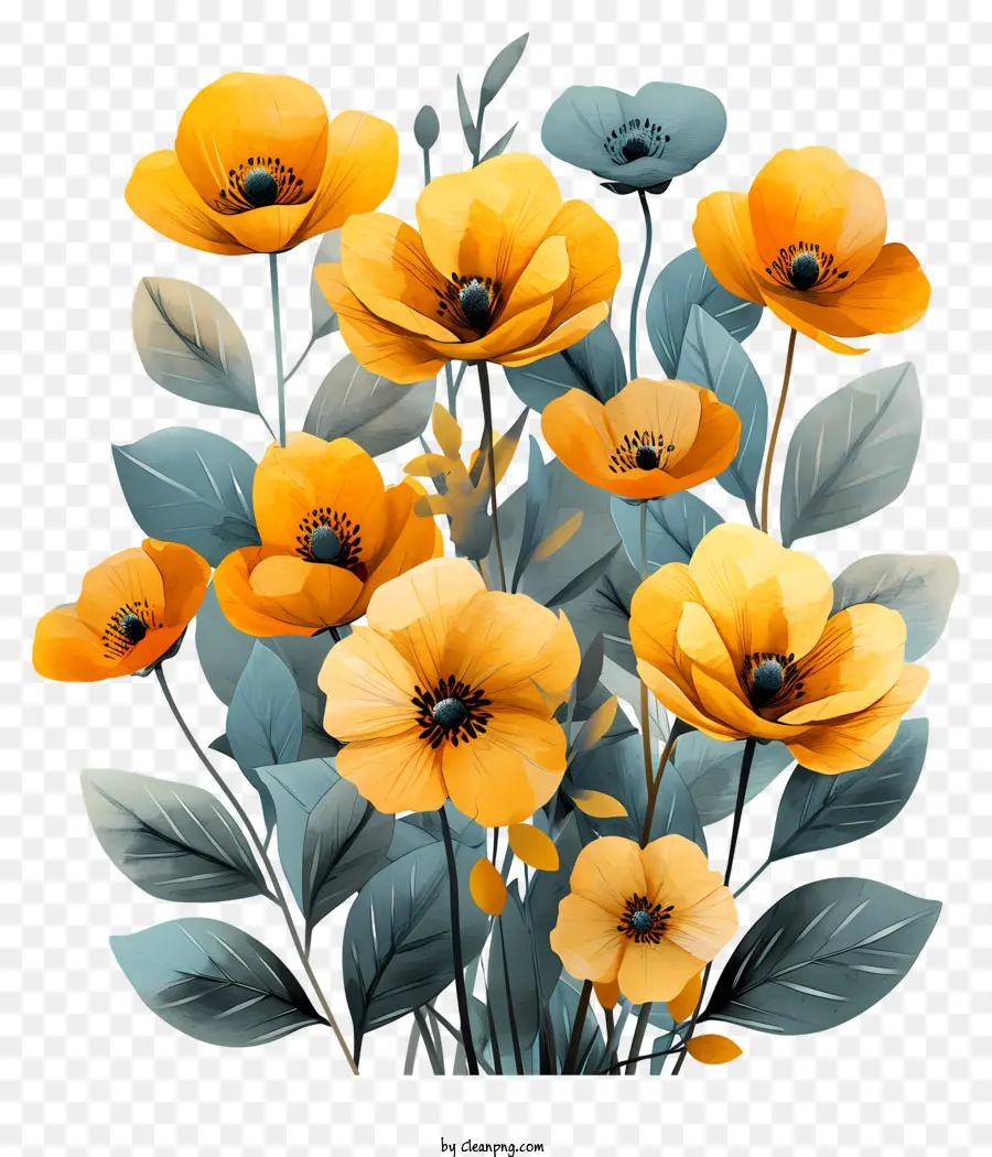 Gold Blumen - Gelbe Blüten und grüne Blätter auf schwarzem Hintergrund