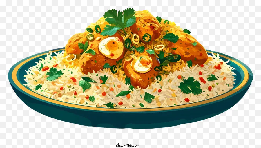 realistic style chicken biryani food bowl blue bowl rice meat