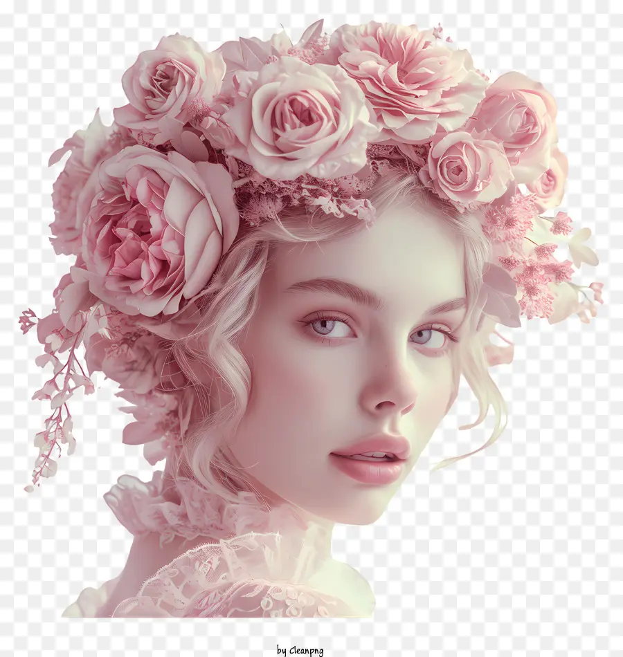 Frau Porträt Frau rosa Blumen Haar rosa Kleid - Frau mit rosa Blumen in den Haaren, Augen geschlossen