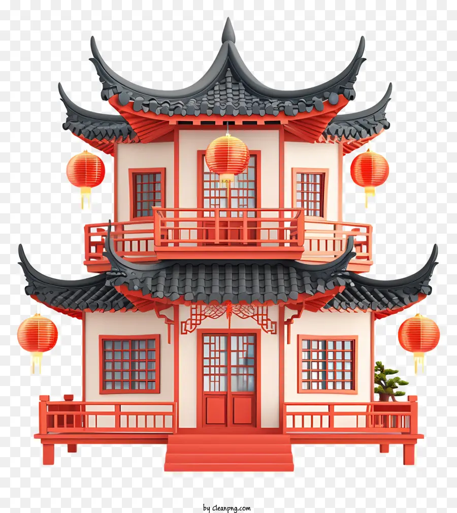 Building Capodanno cinese Building Cinese Building Lanterns Red Facade Struttura a doppio piano - Edificio tradizionale cinese con lanterne rosse e facciata simmetrica