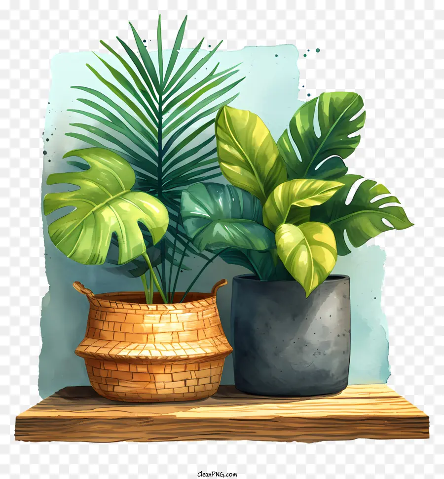 Palme - Verschiedene Topfpflanzen im Holzregal