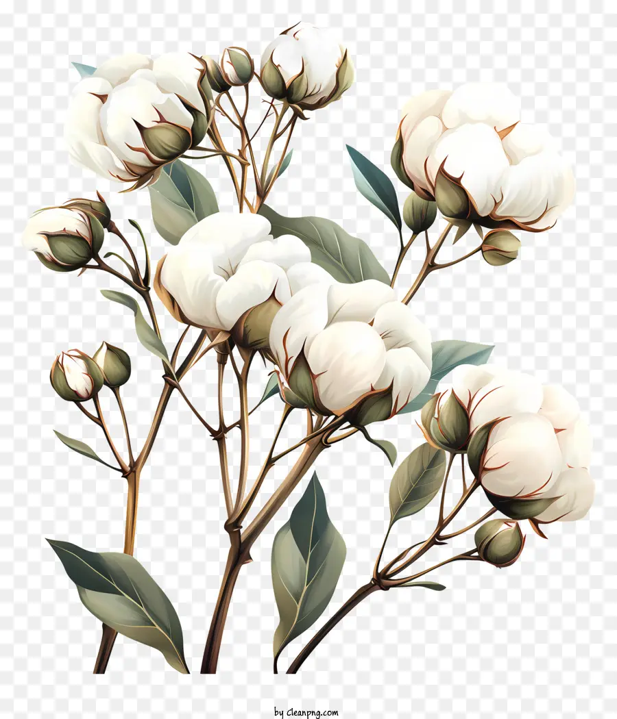 Cotton Plant hoa cây bông thực vật đầy hoa lớn màu trắng lá nhỏ lá xanh lá cây - Minh họa màu nước của cây bông nở hoa