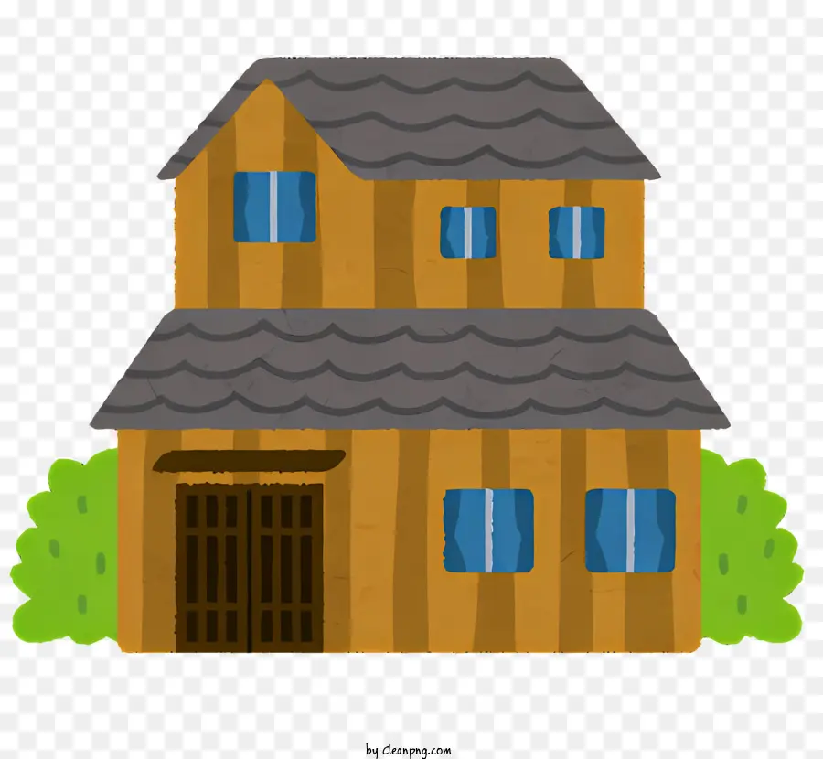 Building Wooden House Blue Roof Green Ishingles Due storie - Casa in legno a due piani con tetto blu e tegole verdi, circondata dalla natura