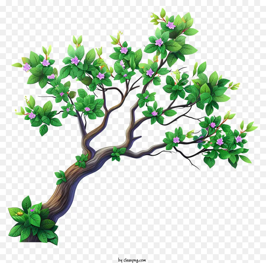 foglie di ramo di ramo albero piatto foglie di fiori viola tronco - Albero realistico con foglie verdi e fiori