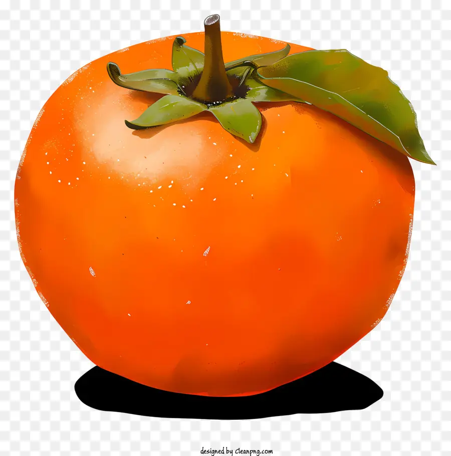Orange - Bild: reifes, glattstrukturiertes Orange mit grünem Stiel und Blättern