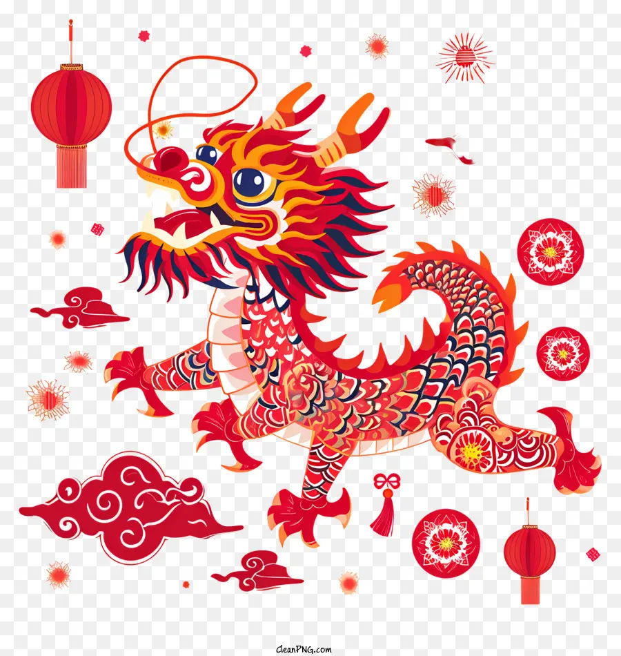 Chinesisches Neujahr - Chinesischer Drache mit rotem und orangefarbenem Design