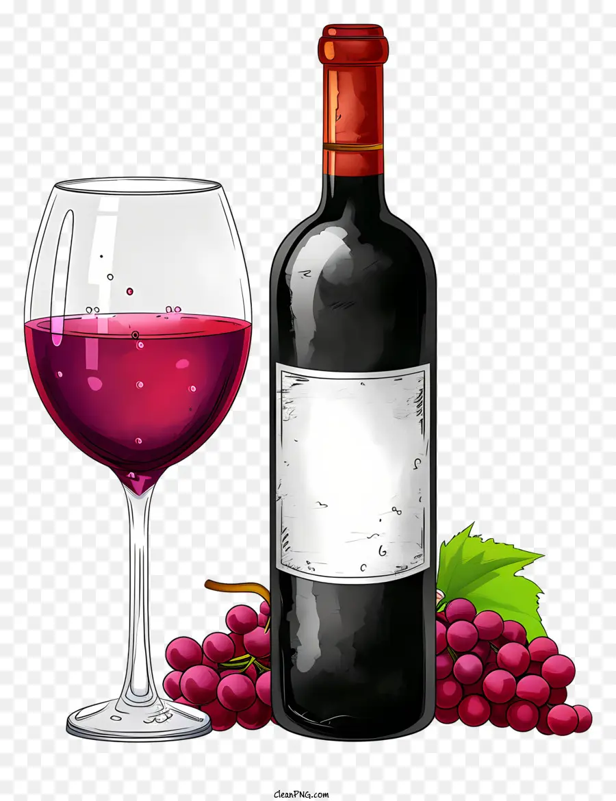 Flasche Stil im Kritzeleist mit Rotwein und Glas Rotweinglas Wein rote Trauben schwarzer Hintergrund - Rotwein und Trauben auf schwarzem Hintergrund
