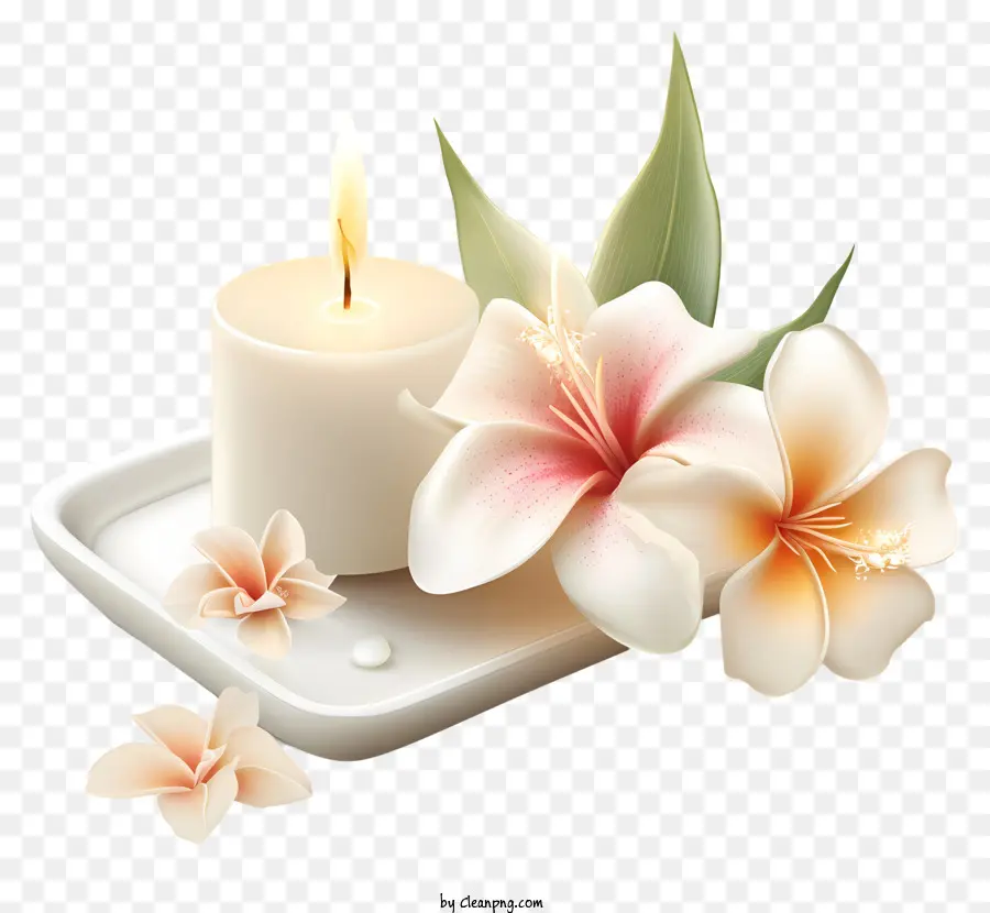 Spa -Kerze und Blumenkerze weißer Teller weißer Spitze - Weiße Kerze und Blumen auf einem Teller