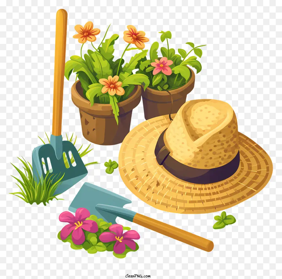 spring gardening gardening straw hat rakes potted plants