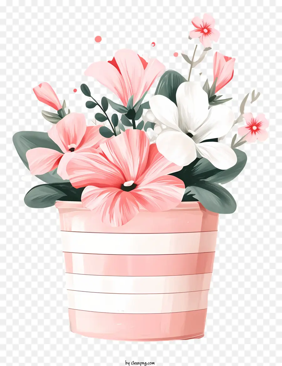 Romantische Blumenkunst Pflanzer Pink und Weiß Blumen gestreiftes Pflanzgefäß Lässig Blumenarrangement - Rosa und weiße Blumen in gestreiften Pflanzgefäße