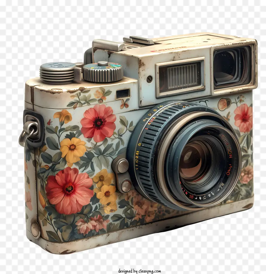 fotocamera vintage - Camera vintage e blu con design floreale e lente