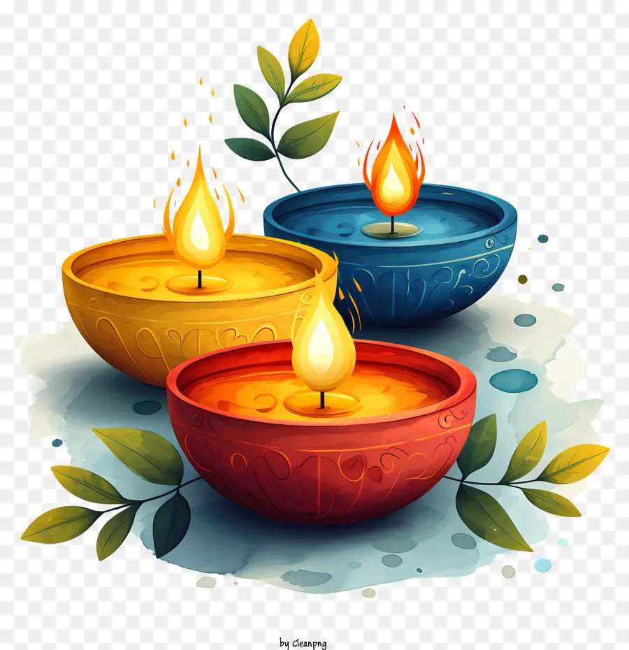 diwali Lampe - Drei farbige Kerzen schweben im Wasserbehälter