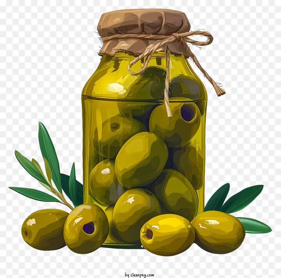 Olive verdi piatte in barattolo olive verdi in vetro a vite sul coperchio olive fresche - Olive verdi fresche in barattolo di vetro con ramo