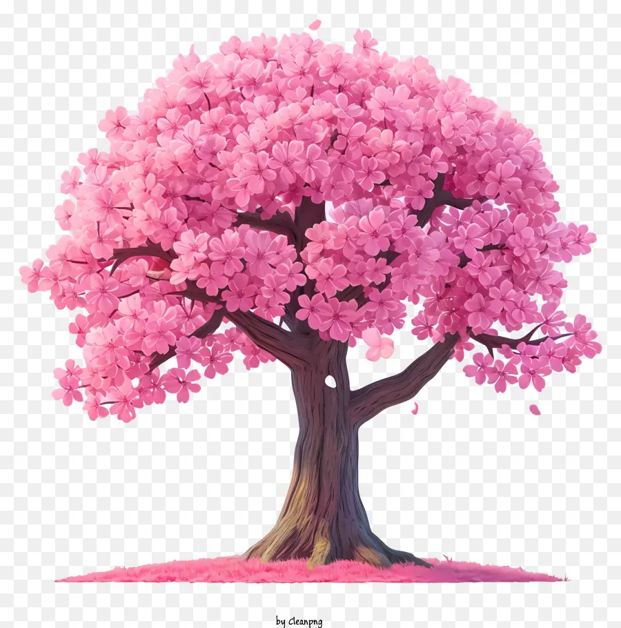 Flat Cherry Blossom Tree Tree Pink Pink Flowers Trunk Trunk Round lá - Cây màu hồng với hoa màu hồng, thân tròn, lá