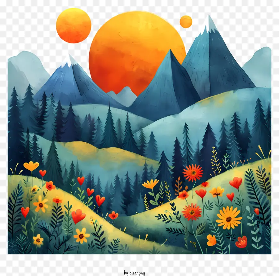 Montagne cartoni animati Montagne Paesaggistica Valli selvatici - Paesaggio soleggiato luminoso e rosso con montagne e fiori selvatici
