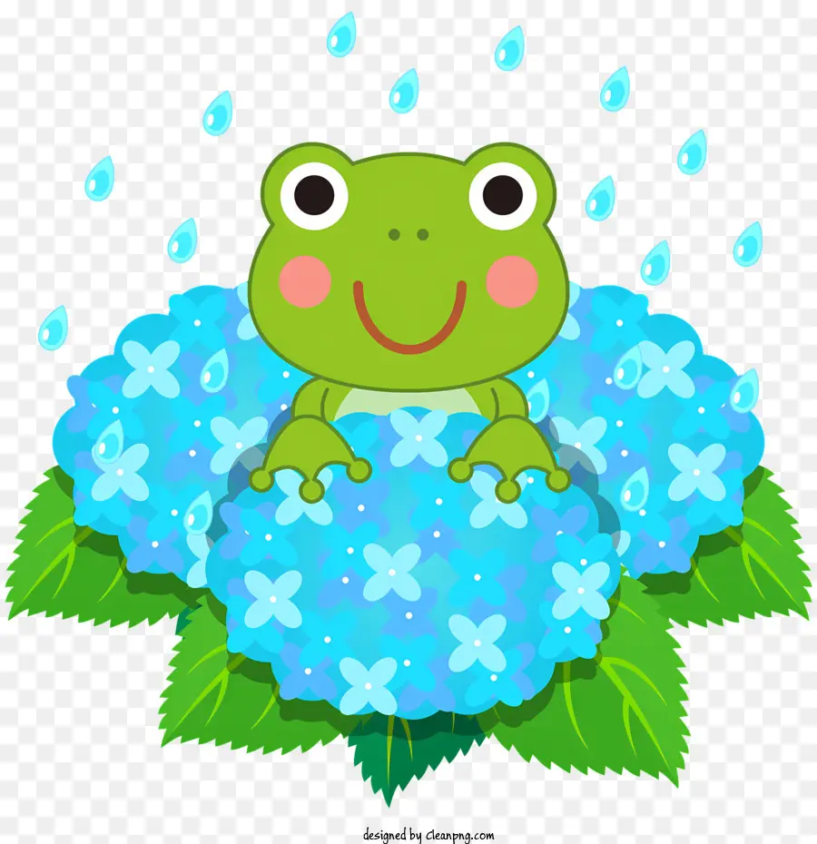 piovere fiori rana blu idrangea espressione contenta del cielo - La rana si trova su ortensie blu, che guarda il contenuto