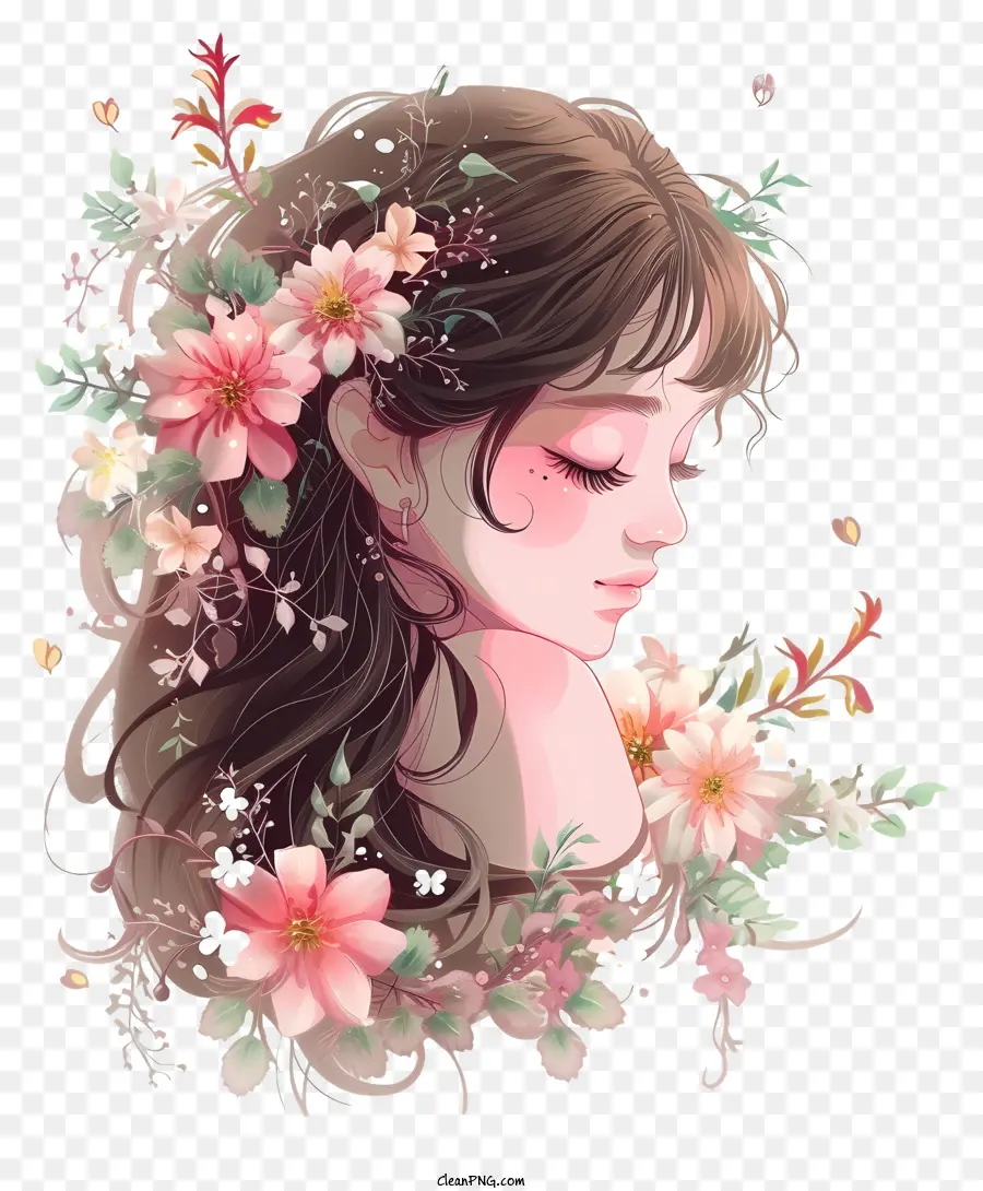 donna realistica e fiori giovane donna capelli lunghi capelli ondulati sorriso gentile - Giovane donna circondata da fiori in luce eterea