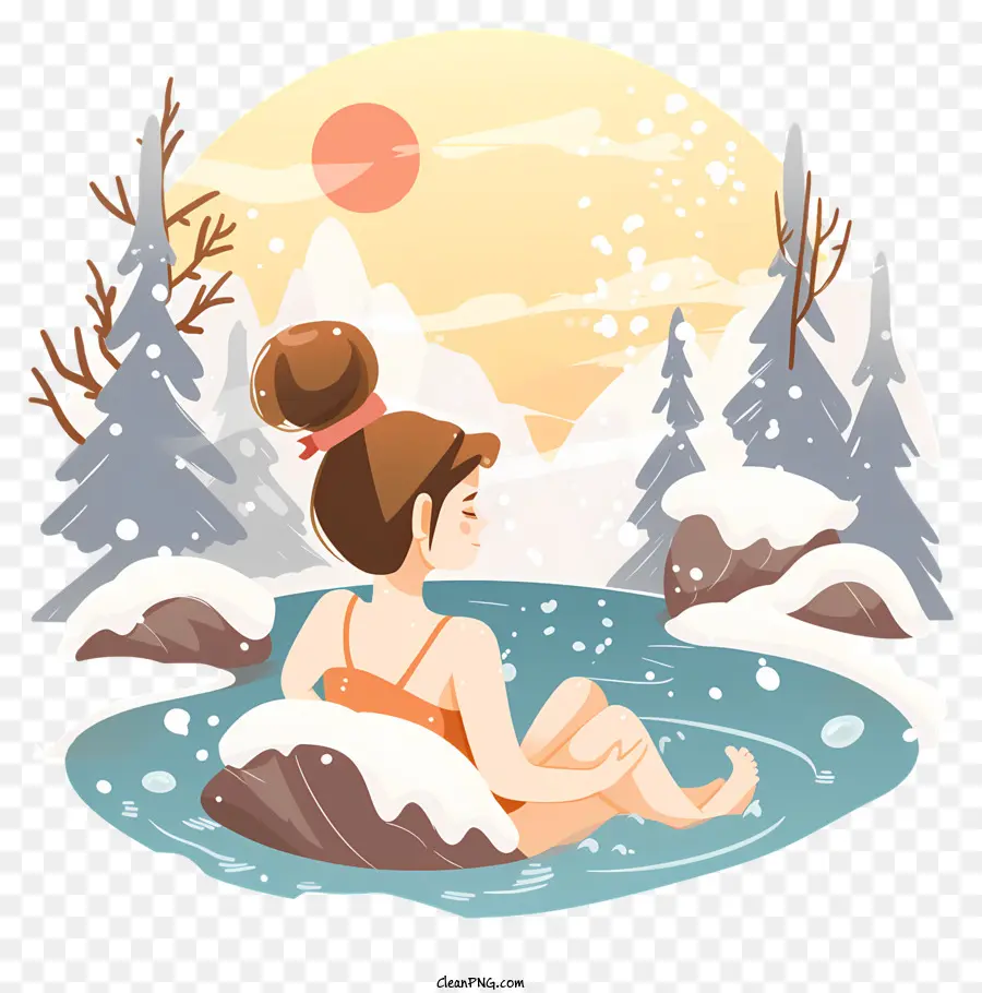 outside hot spring hot tub snowy mountains sunset woman