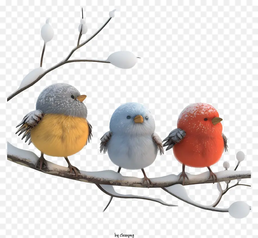 shivering birds snow covered tree red bird blue bird yellow bird
