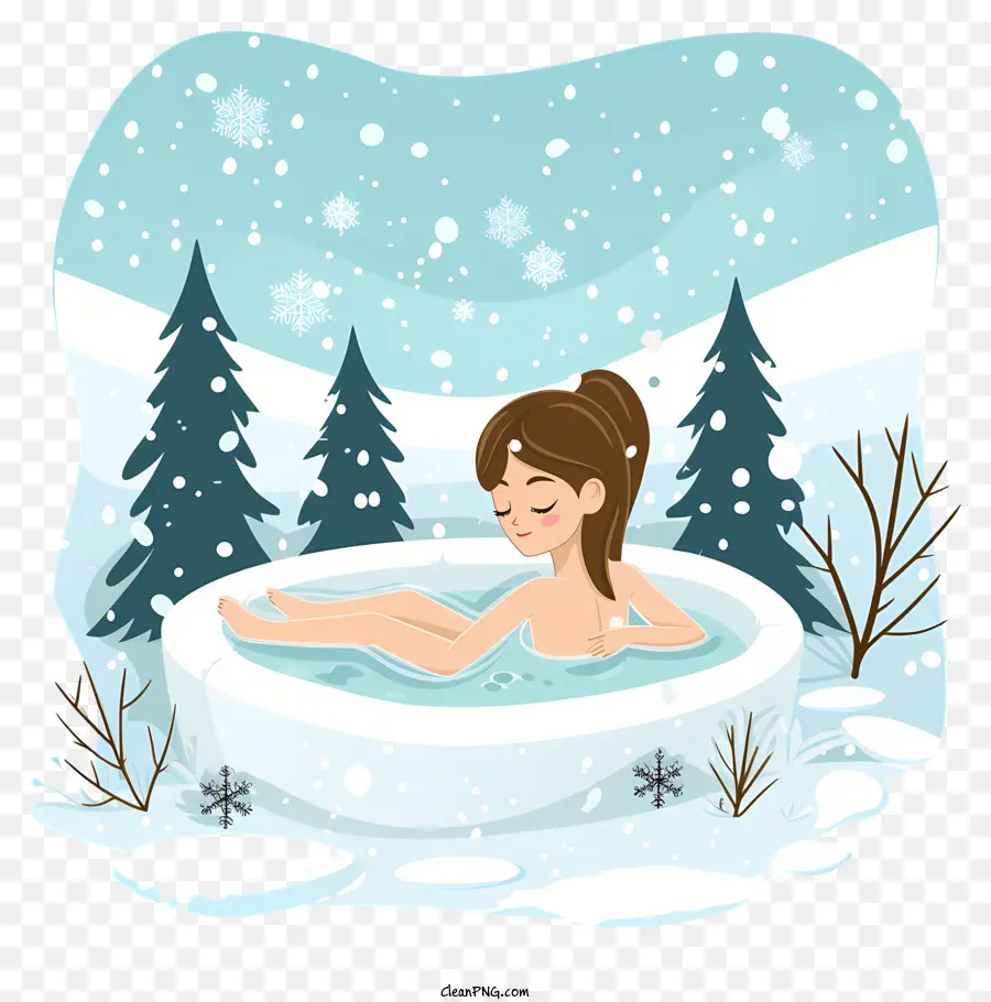 vasca idromassaggio fuori primavera calda rilassamento invernale vasca idromassaggio in neve - Donna che si gode la vasca idromassaggio in un ambiente nevoso