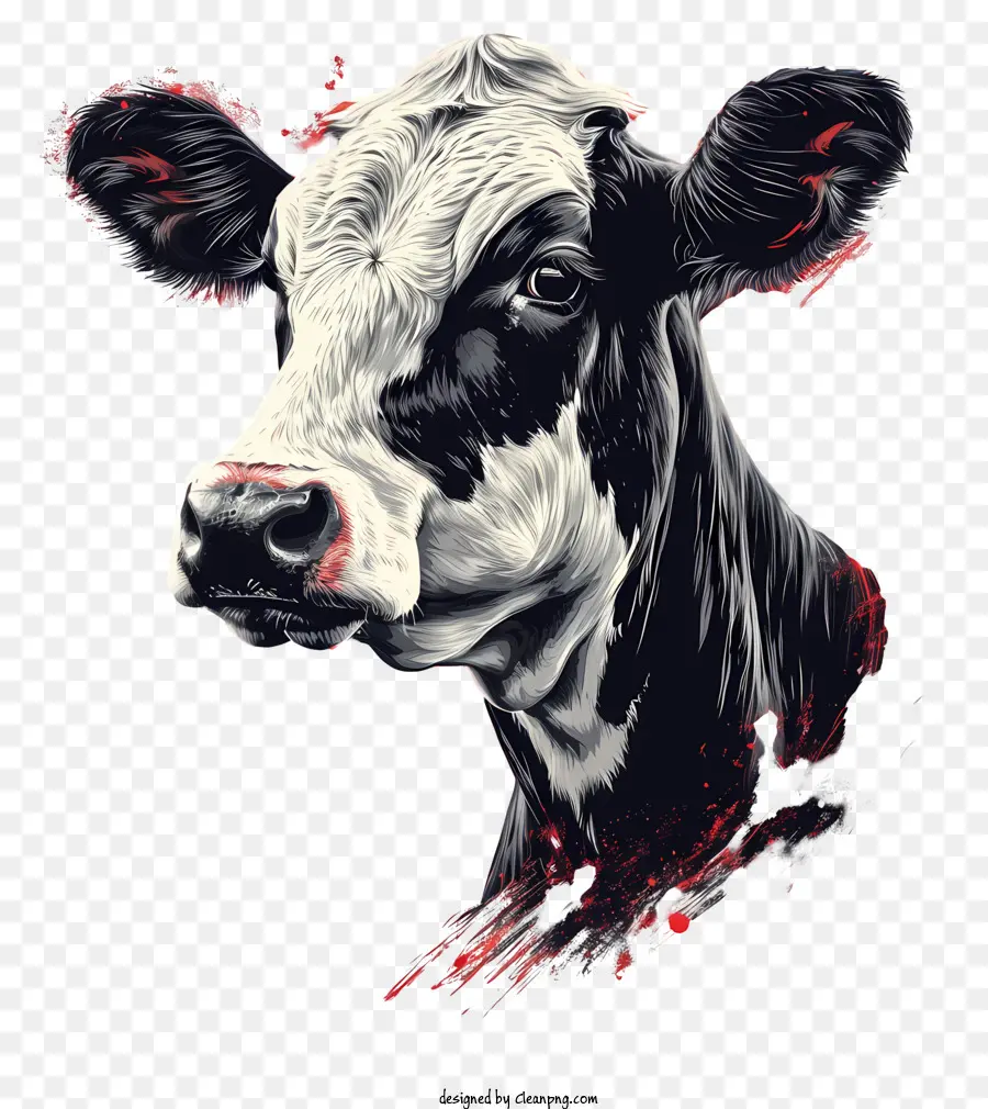 ritratto di mucca ritratto animale di mucca in bianco e nero - Ritratto di mucca realistica con schizzi di vernice rossa