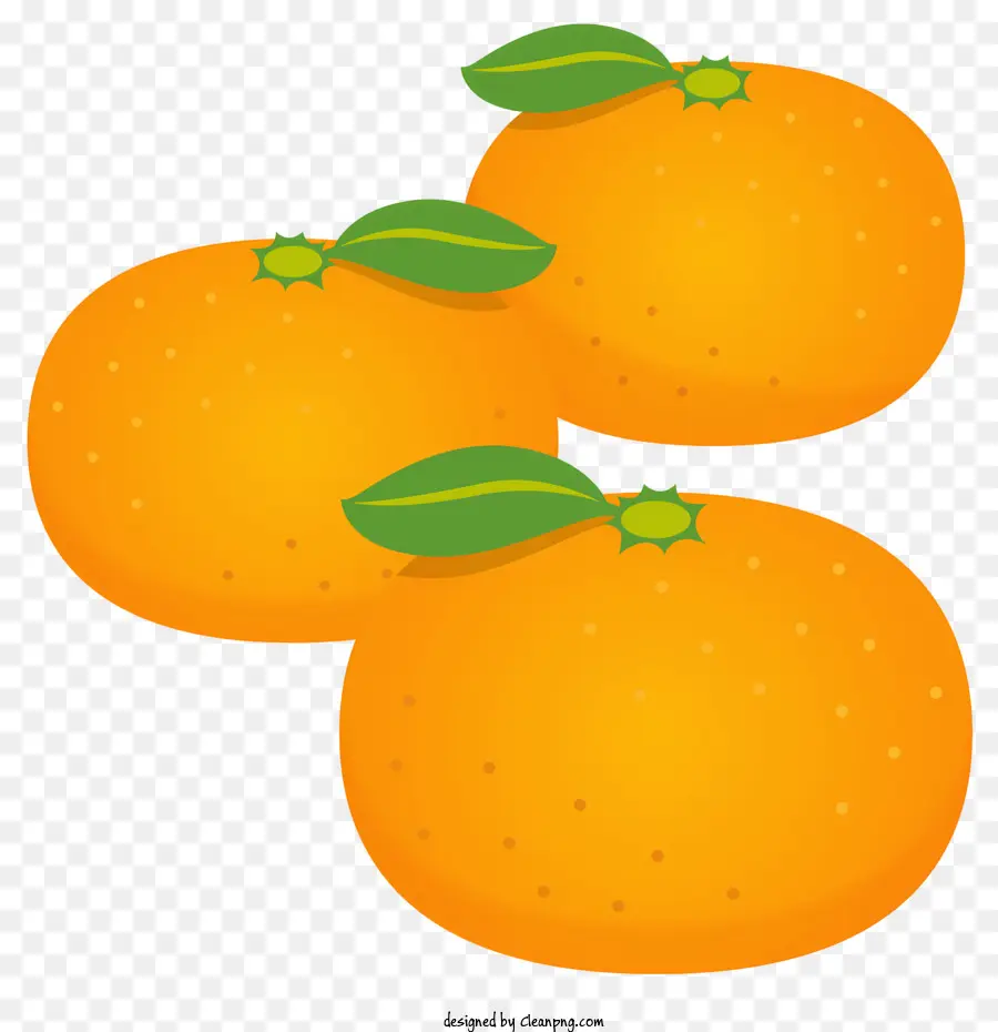 Orange - Drei orangefarbene Früchte mit gebogenen Blättern oben