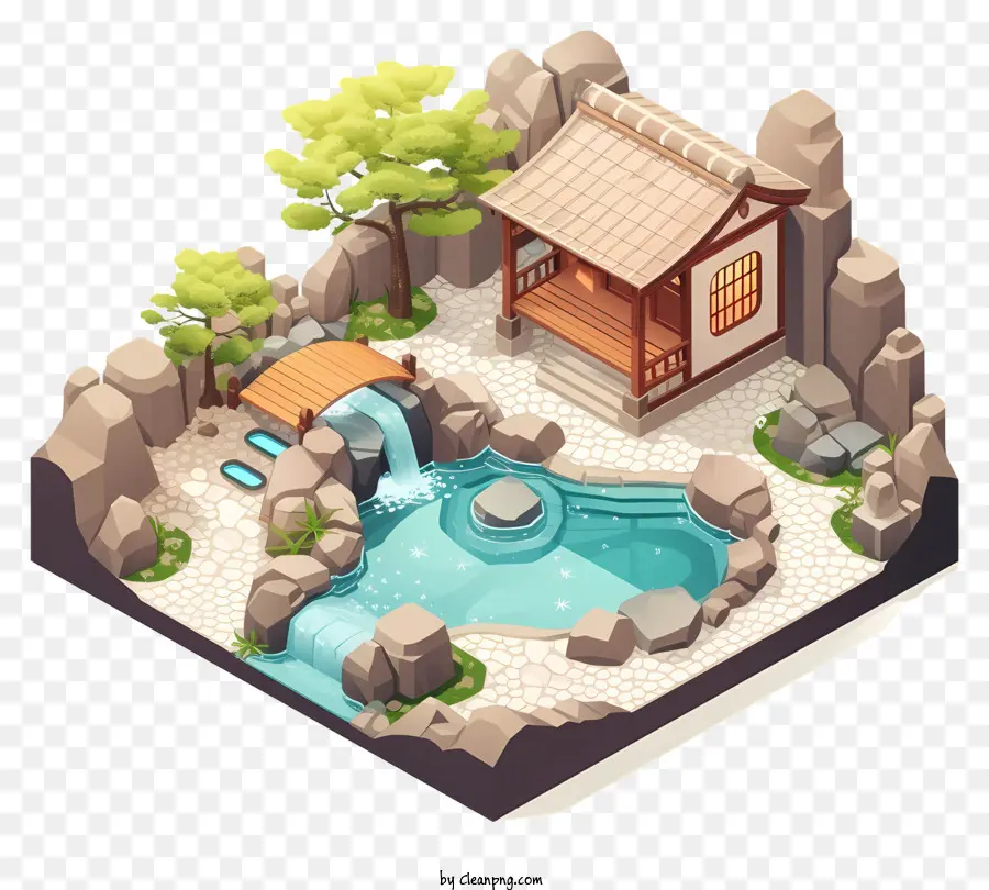 thác nước - Ngôi nhà Nhật Bản với dòng suối, thác nước và thiên nhiên