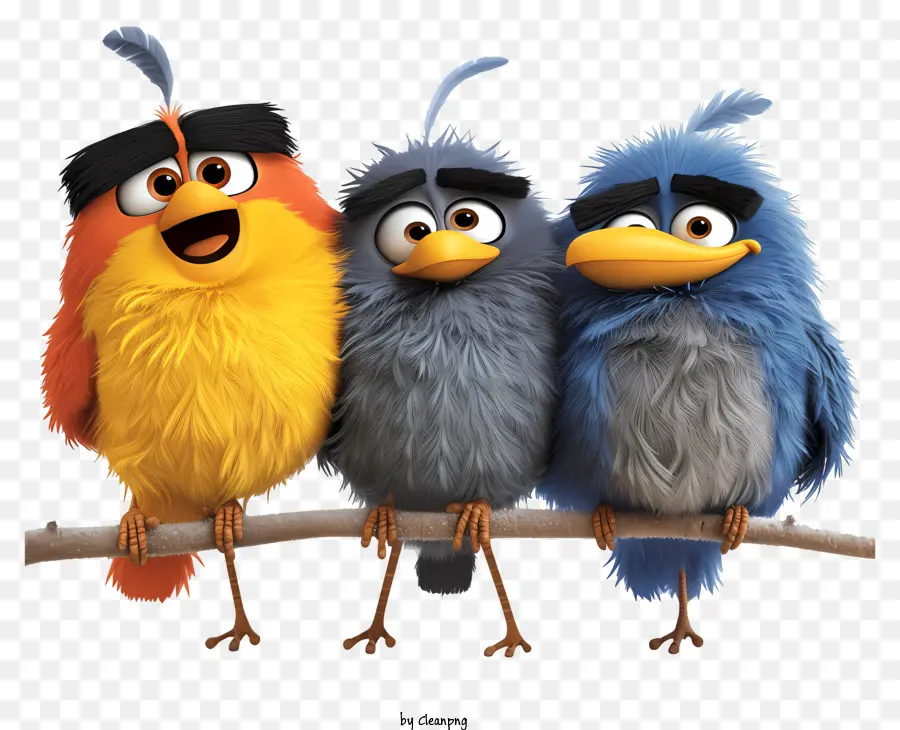 Zittere Vögel Vögel Federn thringen Ast - Drei farbenfrohe Vögel, die gegen die Kamera lächeln