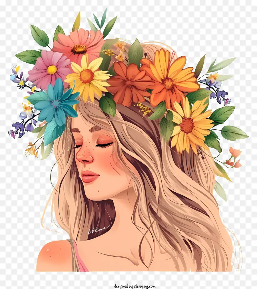 cartoon woman and flowers girl long blonde hair floral crown peaceful expression