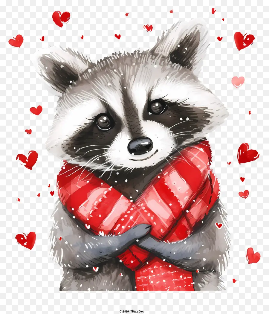 Valentinstag Waschbär Waschbär Red Schal lächelnd Waschbär Romantik - Lächelnd Waschbär mit rotem Schal und Herzen