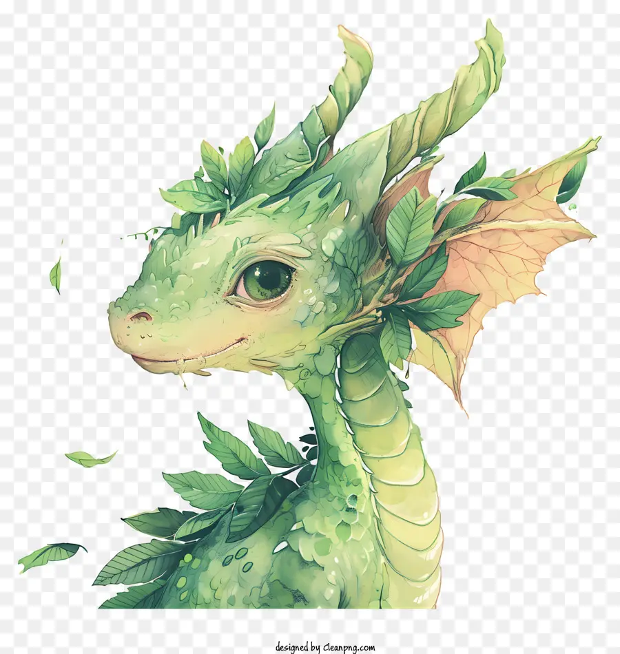 Grüner Dragon Grüne Drachenblätter Serpentine Schwanz lächelnd Drache - Lächelnder grüner Drache mit Blattmerkmalen