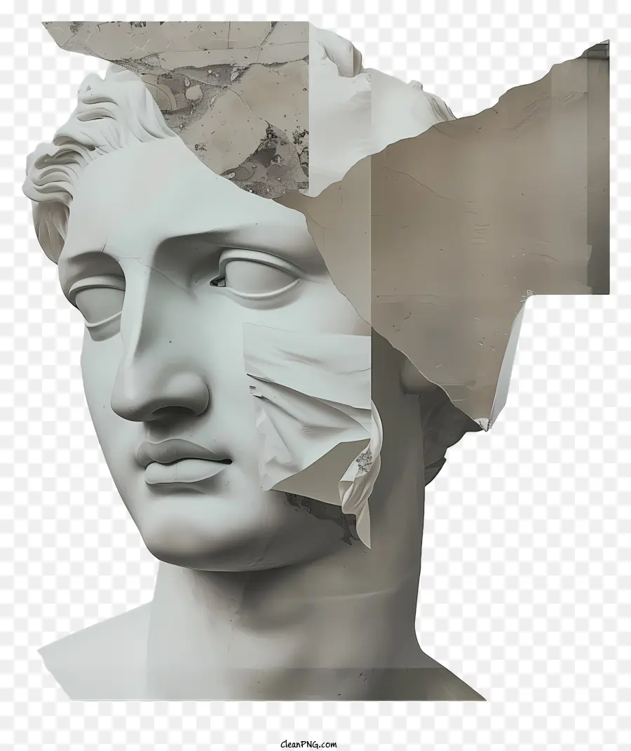 Scultura della testa greca simile a un collage faccia bianca in marmo bianco - Scultura del viso con lato sinistro mancante