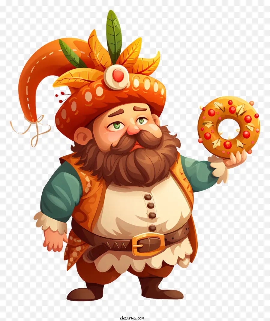Feder - Cartoon -Charakter mit Bart, Hut, Hemd und Donut