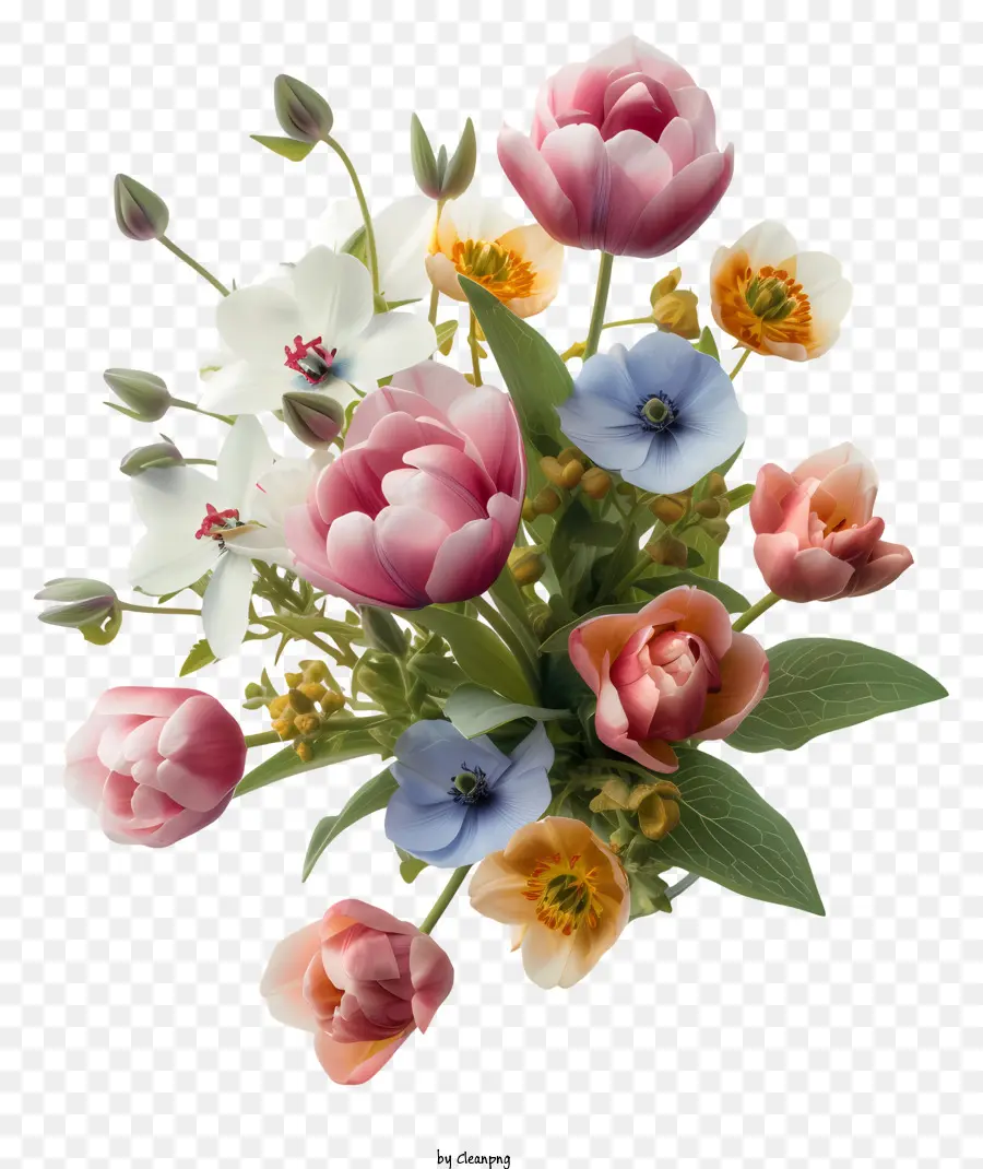 Frühlingsblumen - Buntes Tulpestrauß in Vase auf schwarzem Hintergrund
